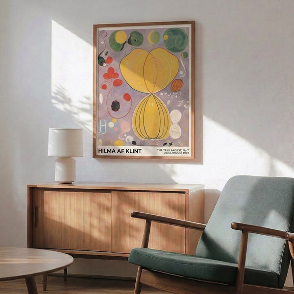 Framed poster with abstract concentric circles and flowing botanical spiral motifs in soft purple and golden yellow against sage green, embodying harmonious minimalist spiritual design.