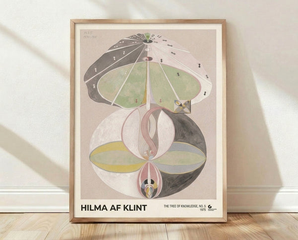 Abstract tree and floral forms in sage green, cream, and soft mauve tones on a framed poster, evoking spiritual harmony and cosmic balance.