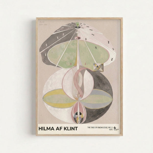 Minimalist geometric composition featuring organic tree and flower shapes in pale yellow and gray, framed as wall art with meditative aesthetic.