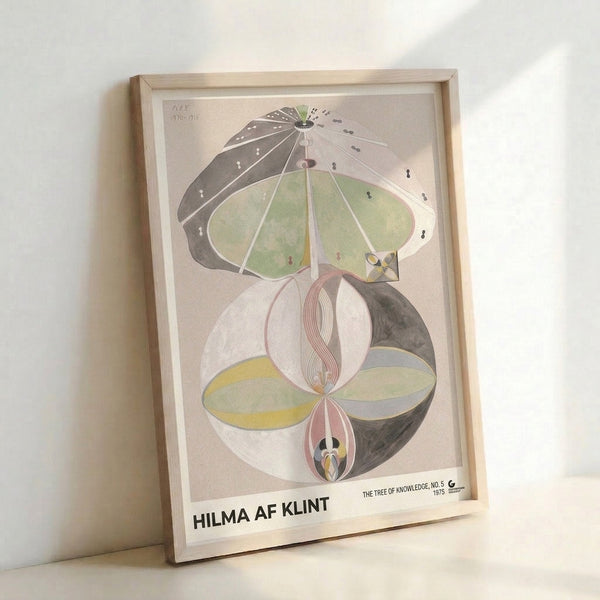 Bauhaus-inspired framed print with abstracted botanical motifs in sage green and cream, conveying quiet spiritual contemplation.