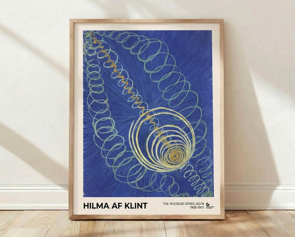 Abstract spiral poster in deep blue and gold with soft green accents, featuring geometric Art Nouveau patterns that evoke a contemplative, mystical mood in minimalist style.
