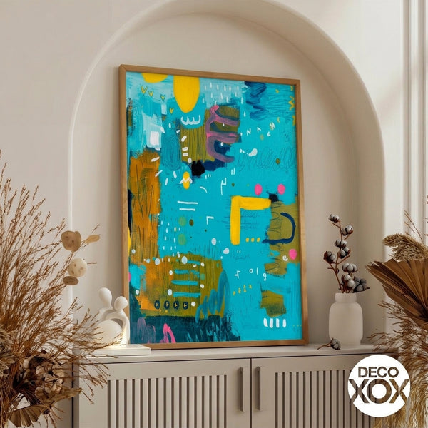 Framed minimalist abstract art print with concentric spiral design in cream, deep blue, and gold tones, creating a harmonious and meditative composition.