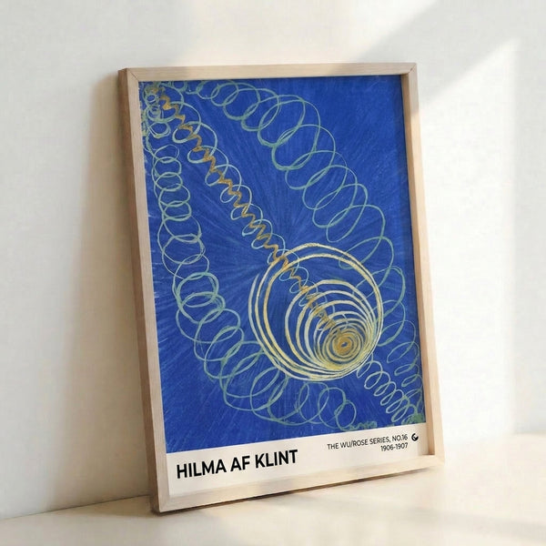 Geometric abstract poster displaying an intricate spiral form in muted blue, gold, and green hues, embodying a mystical and serene aesthetic.