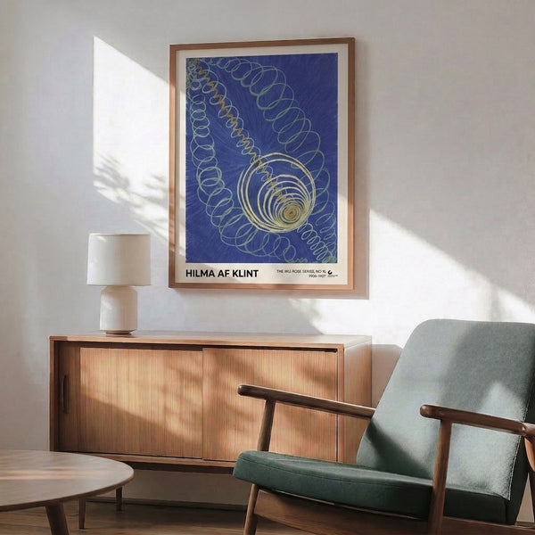 Framed poster showcasing an abstract spiral motif in cream, blue, and golden tones with Art Nouveau sensibilities, conveying mystical tranquility.
