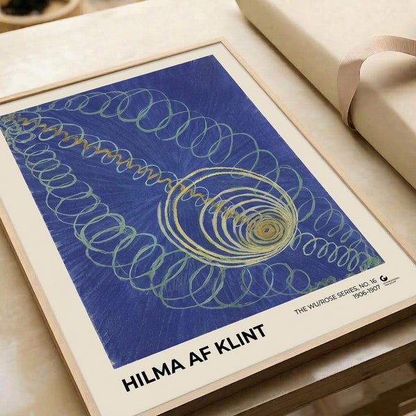 Contemporary minimalist art featuring a geometric spiral form in deep blue, gold, and sage green, creating a contemplative and visually balanced composition.