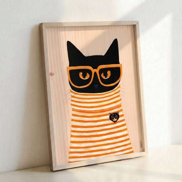 Quirky black cat illustration wearing vintage orange glasses, designed in retro minimalist aesthetic with cream and black color scheme.