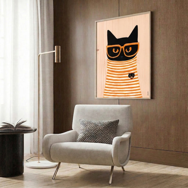 Minimalist black cat artwork with a trendy twist—oversized orange glasses and a sophisticated, playful mood in warm earth tones.