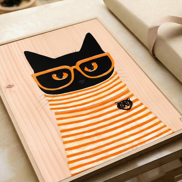 Contemporary retro poster of a quirky black cat wearing statement orange glasses, displayed as a framed minimalist wall print in cream and black.