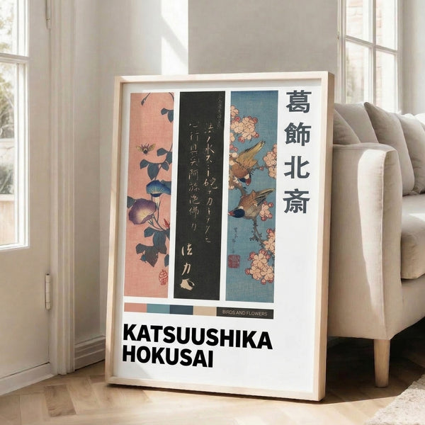 Serene framed art print inspired by Hokusai's floral studies, featuring morning glories, a bird, and insect rendered in traditional woodblock style with coral, teal, and gold tones.