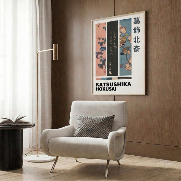 Vintage Japanese woodblock-style framed print showcasing botanical elegance through morning glories, a graceful bird, and insect study in warm gold, coral, and teal palette.