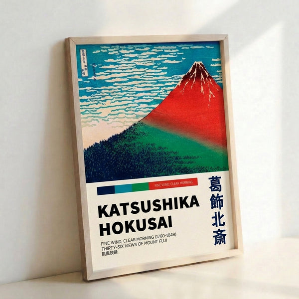 Framed classical Japanese woodblock poster depicting Mount Fuji in clear morning light, surrounded by swirling clouds and dense woodland in rich turquoise and burgundy palette.