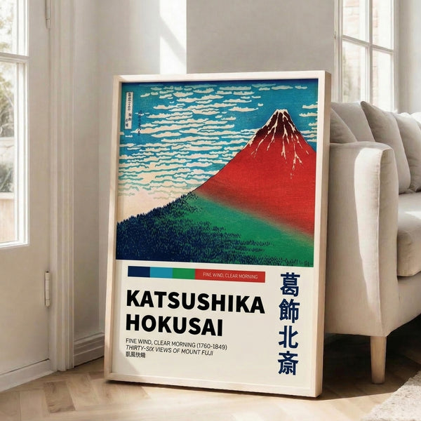 Vintage Japanese art print showcasing a solitary peak rising above atmospheric clouds and shadowed evergreen forests, executed in elegant deep red, navy, and turquoise tones.