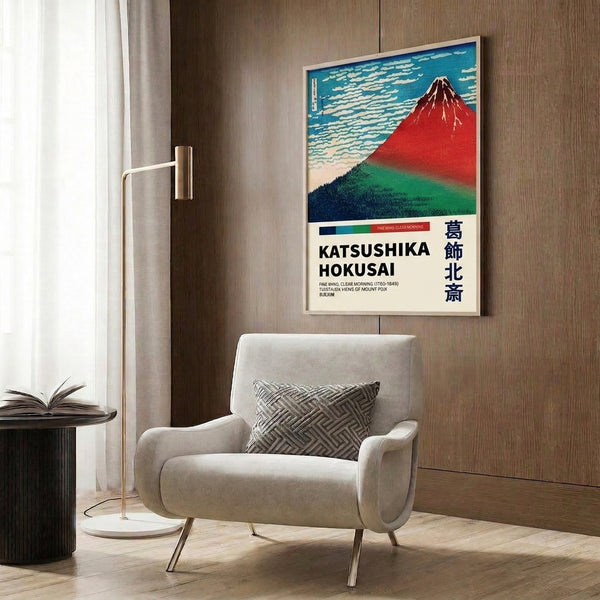Classical Japanese woodblock composition of an iconic snow-capped summit with billowing clouds and dark forested terrain in a serene palette of cream, turquoise, and deep green.