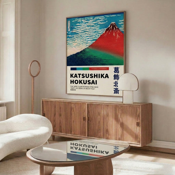 Contemplative landscape framed as a poster, blending traditional Japanese aesthetic with a dramatic mountain rising above layered clouds and navy-toned forest in turquoise and burgundy hues.