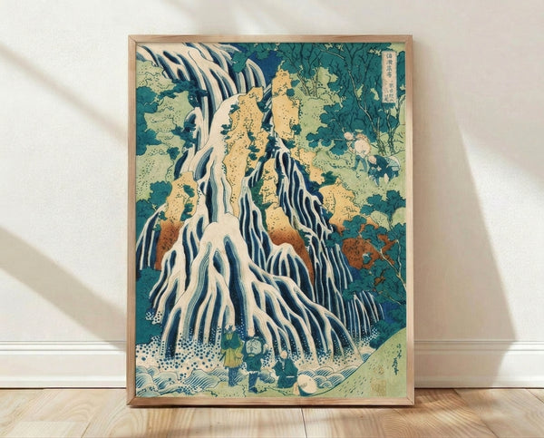 Hokusai woodblock print depicting a serene waterfall cascading down a misty mountain landscape in prussian blue, cream, and ochre tones; framed poster art.