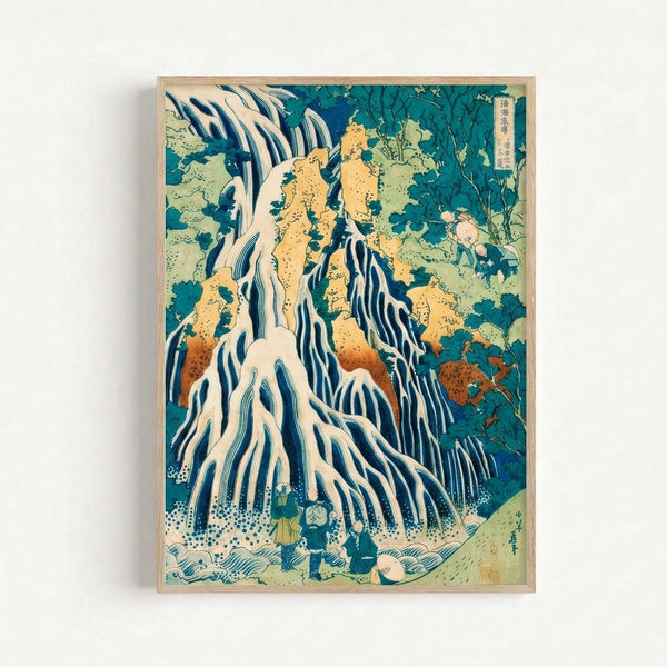 Japanese woodblock artwork featuring a majestic waterfall flowing through rocky terrain with small figures and trees in soft teal and terracotta hues; contemplative mountain scene.