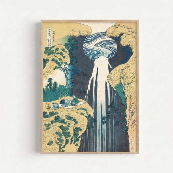 Framed Hokusai-style artwork showing travelers beneath a dramatic waterfall with forested cliffs; contemplative mood rendered in traditional woodblock technique with deep indigo and pale ochre.