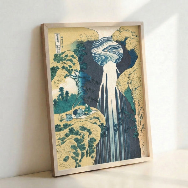 Zen landscape poster featuring a powerful waterfall, mountain terrain, and evergreen trees in cream and teal; classic Japanese woodblock aesthetic with serene, majestic atmosphere.