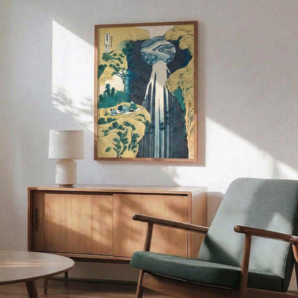 Japanese woodblock poster with contemplative waterfall landscape, rocky outcrops, and vegetation in soft cream, green, and indigo hues; traditional Japandi aesthetic.