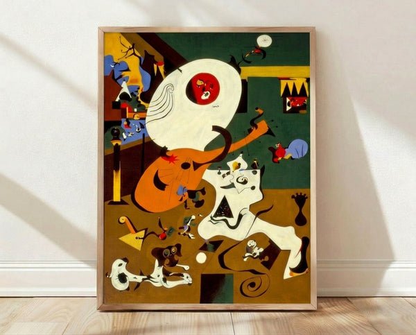 Abstract surreal painting with a playful figure holding a lute in an interior setting, rendered in black, red, blue, and yellow on cream background.