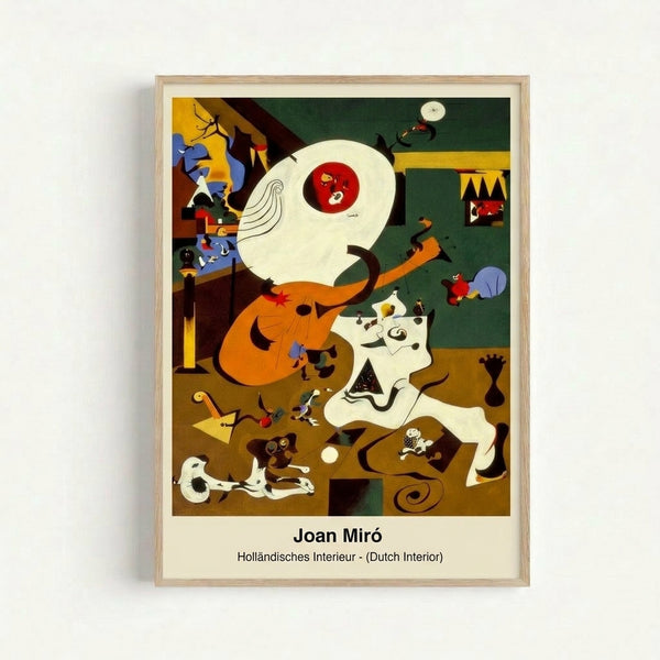 Whimsical modernist artwork featuring a stylized man with a prominent collar and musical instrument, composed of geometric shapes in a surreal composition.