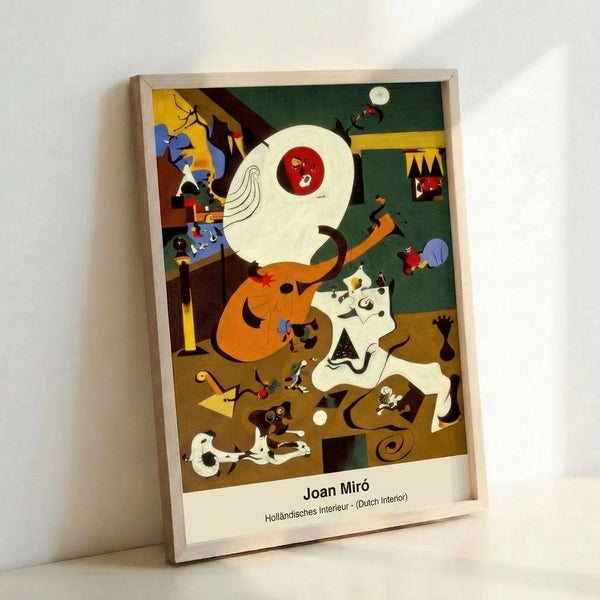 Cubist-inspired poster art displaying an enigmatic interior scene with abstract forms in bold black, red, and blue tones on a light cream canvas.