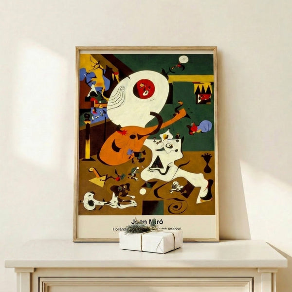 Surreal abstract print showing a figure with a lute amid playfully distorted interior elements, featuring vibrant reds, blues, and yellows against a neutral backdrop.