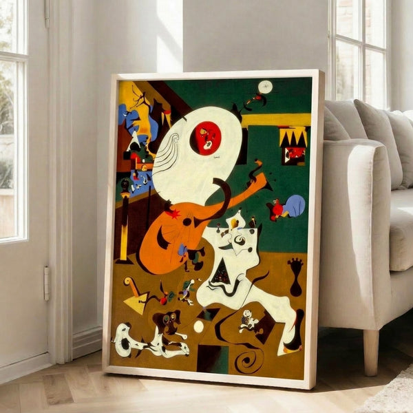 Modern surreal artwork with a quirky, geometric interpretation of a musician in an interior space, rendered in a striking palette of primary colors and black.