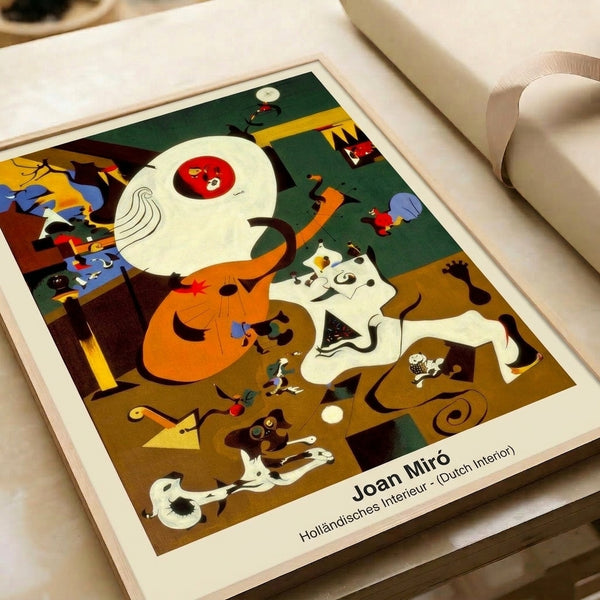 Framed abstract poster presenting a whimsical reinterpretation of an interior with a stylized figure, collar detail, and lute in bold surreal forms and colors.