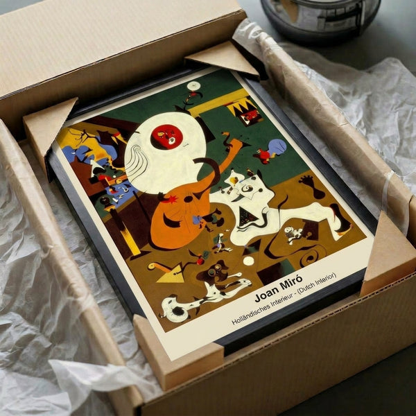 Contemporary surreal art print capturing an enigmatic interior scene with an abstractly rendered man and musical instrument in red, blue, yellow, and black.