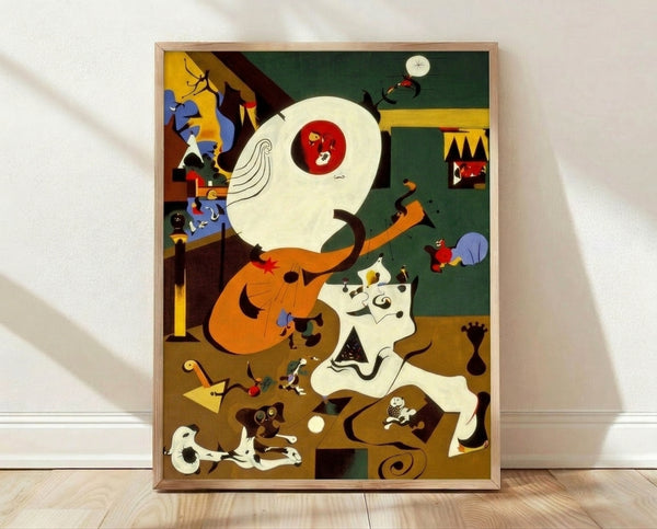 Abstract Dutch Interior poster featuring playful geometric shapes and organic forms in warm browns, ochres, and muted tones, capturing a surreal, whimsical mood reminiscent of early twentieth-century modernist design.