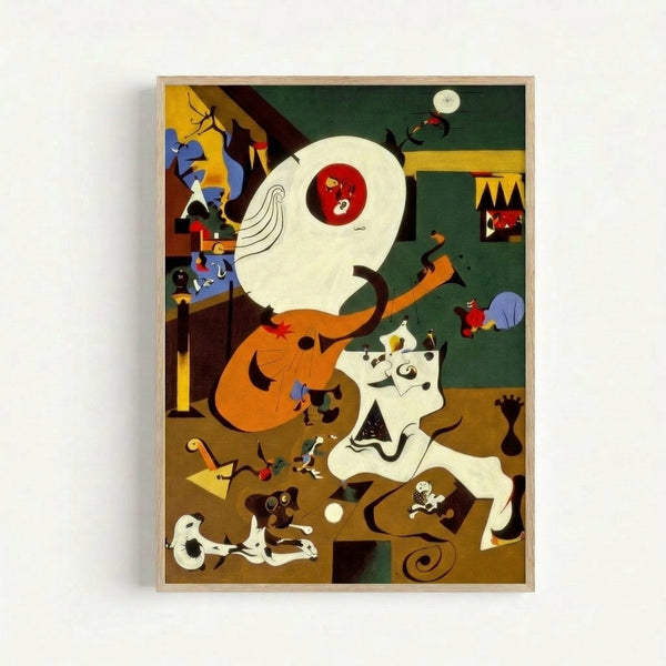 Framed Miró-inspired abstract art print with interlocking cubist elements and biomorphic shapes in earthy palette, evoking a dreamlike domestic scene with subtle humor and sophistication.