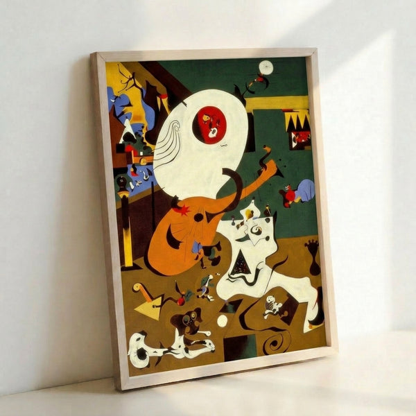 Modern surreal wall art displaying fragmented interior composition through bold geometric abstraction in cream, rust, and taupe hues, blending cubist and organic motifs in contemplative style.