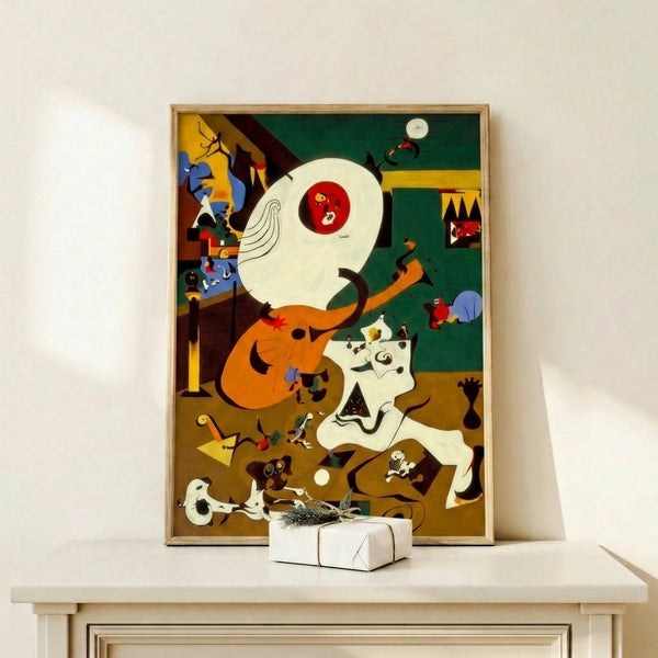 Contemporary abstract poster interpretation of a domestic interior with curved and angular forms in warm neutrals and ochre, creating a playful yet meditative artistic statement.