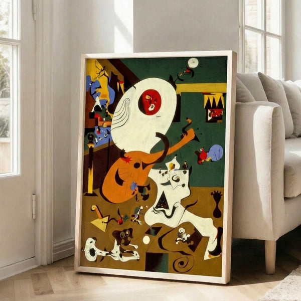 Cubist-influenced art print featuring interconnected abstract shapes and forms rendered in soft earth tones and warm highlights, evoking surreal interior space with poetic sensibility.
