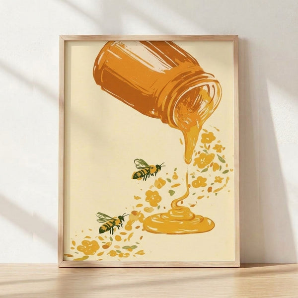 Warm minimalist poster art featuring a golden honey jar surrounded by stylized bees and delicate flowers in burnt orange, forest green, and cream tones, displayed as a framed print on a wall.