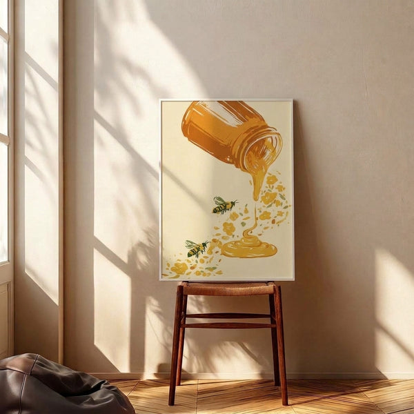 Boho-inspired linocut style artwork of honeybees gathered around a full jar rendered in golden yellow and warm tan, with botanical florals in earthy colors, framed on a wall.