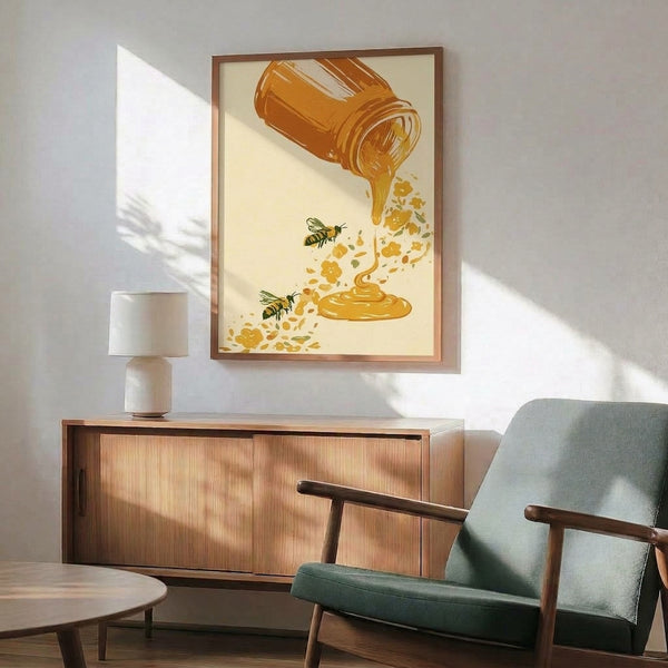 Whimsical retro poster showing a honey jar with foraging bees and organic flower shapes in a naturalistic palette of ochre, green, and cream, presented as wall art.
