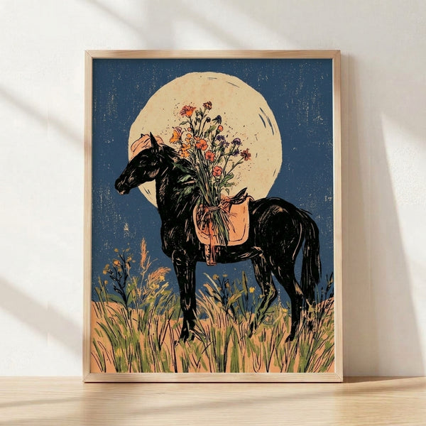 Vintage art nouveau poster featuring a black horse silhouette among wildflowers and tall grass under a full moon, rendered in slate blue, cream, and coral tones with a dreamy, romantic mood.