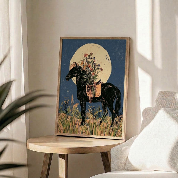 Framed retro-style print depicting a horse grazing in a moonlit meadow of wildflowers, combining whimsical black linework with soft sage green and blue hues in a peaceful, cottagecore aesthetic.