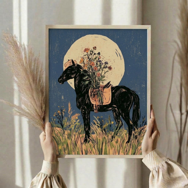 Romantic vintage poster art showing a dark horse amid flowering grasses beneath a night sky moon, executed in art nouveau style with cream, slate blue, and coral accents for a serene, dreamy atmosphere.