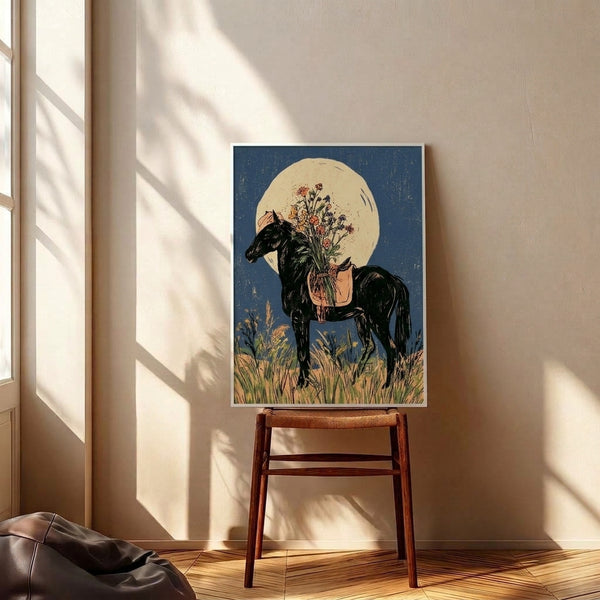 Black horse silhouette poster surrounded by wildflowers and moonlight in vintage art nouveau design, featuring a peaceful palette of cream, sage green, and slate blue with romantic, whimsical character.