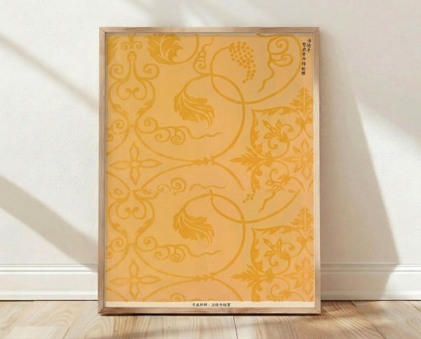 Framed Japanese woodblock print featuring delicate gold arabesque scrollwork and floral motifs on a cream background, embodying serene Japandi minimalist aesthetics.