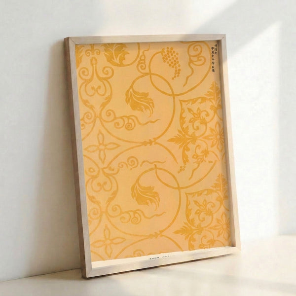 Minimalist Japanese art print showcasing symmetrical gold scrollwork and botanical flourishes against a soft cream palette, evoking meditative tranquility.