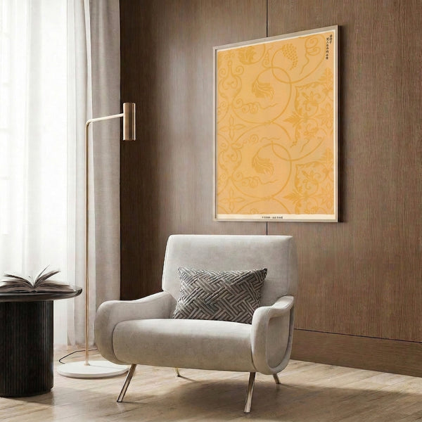 Japanese-style poster with contemplative gold arabesque ornamentation and delicate floral scrolls on a pale background, perfect for serene interior spaces.