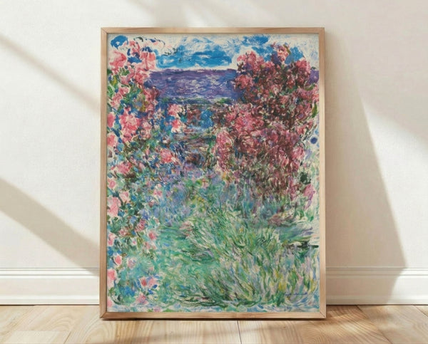 Impressionist watercolor painting of a charming house nestled among blooming rose gardens, rendered in soft pastels and delicate brushstrokes that evoke a dreamy, peaceful atmosphere.