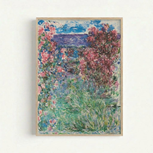 Monet-inspired garden scene depicting a quaint cottage surrounded by lush flowering roses in muted pinks, greens, and creams, capturing the serene beauty of an idyllic country estate.