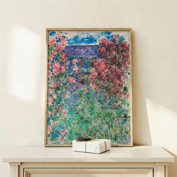 Watercolor-style poster of a tranquil garden landscape where a small house emerges from beds of roses, painted in harmonious earth tones and botanical hues.