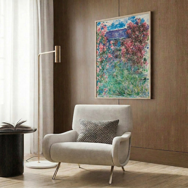 Classic impressionist-style house and garden framed poster depicting a charming residence nestled among rose flowers, characterized by gentle brushwork and a soothing, pastoral palette.