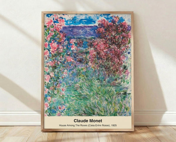 Monet impressionist watercolor poster showing a serene house nestled among blooming roses and garden flowers in soft violet, pink, and green tones.
